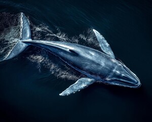 Fototapeta premium A majestic blue whale gracefully glides through deep ocean waters, showcasing its immense size and beauty.