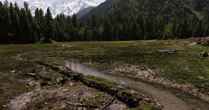 Scenic Aerial View Above Fairy Meadows Campground, Reveals Nanga Parbat Mountain