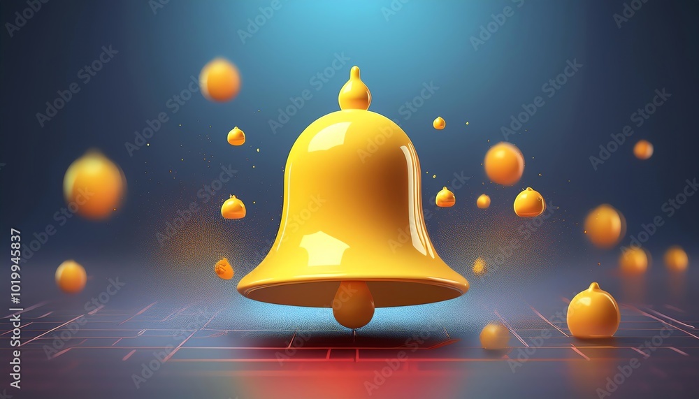 Poster a vibrant yellow bell floats against a blue background, surrounded by smaller orbs, creating a dynam