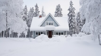 A charming snow-covered house nestled among frosty trees, creating a serene winter wonderland scene of solitude and tranquility.
