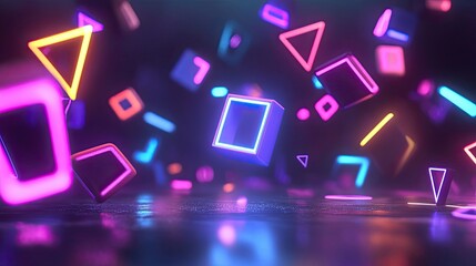 Fototapeta premium Abstract Neon Geometric Shapes Floating Above a Reflective Surface