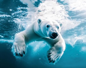 A majestic polar bear swimming gracefully beneath the water, showcasing its strength and agility in a vibrant aquatic environment.