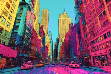 Obraz premium A Vibrant, Stylized Cityscape with Yellow Taxis and Skyscrapers