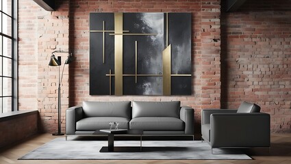 Urban loft living room with unique textured wall art, industrial furniture, and a blend of modern and artistic decor pieces