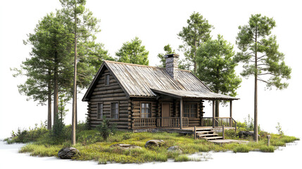 A rustic wooden cabin nestled in a grove of trees