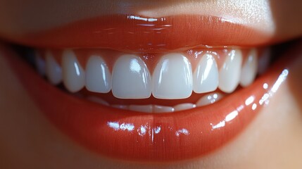 Close-up of a bright smile with glossy lips and white teeth.