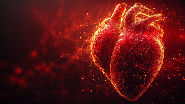 red abstract human heart rendered in low-poly design symbolizes the complexity and fragility of life. This medical concept highlights the intersection of technology and human health