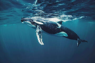 Fantastically beautiful majestic huge whale in ocean