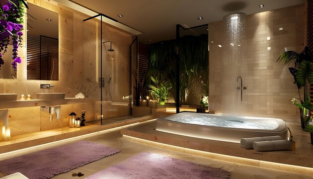 Modern luxury bathroom with bathtub and window