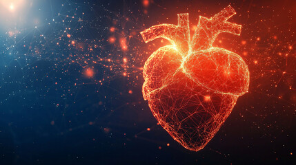 red abstract human heart rendered in low-poly design symbolizes the complexity and fragility of life. This medical concept highlights the intersection of technology and human health