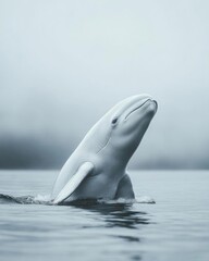 Fototapeta premium A serene image of a beluga whale gracefully breaching the calm water, set against a misty, tranquil backdrop.