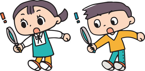 虫眼鏡で何かを見つける男の子と女の子