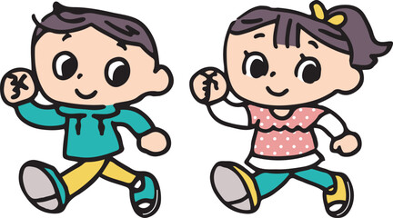 元気に歩く男の子と女の子
