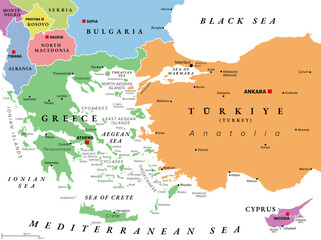 Fototapeta premium Aegean Sea region, with Aegean Islands, multi colored political map. Elongated embayment of the Mediterranean Sea, located between Europe and Asia, between the Balkans and Anatolia, Greece and Turkey.