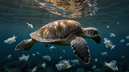 Obraz premium a turtle swimming under water with fish swimming around it.