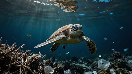 Obraz premium a green sea turtle swims past a coral reef with sea turtles.