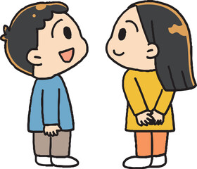 笑顔で見上げる子供達の後ろ姿