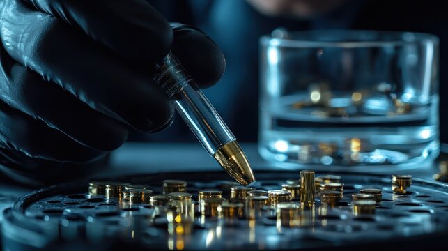a crime scene investigator examining bullet impacts on a surface, demonstrating the forensic aspect of ballistics