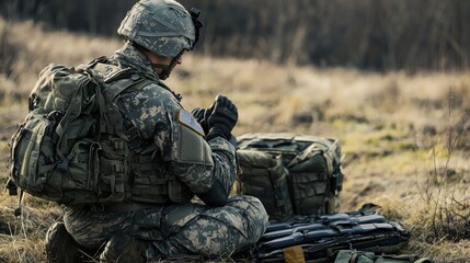 a military personnel preparing equipment for a ballistic training exercise in a field setting