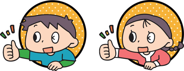 枠から飛び出すいいねのポーズをする子供