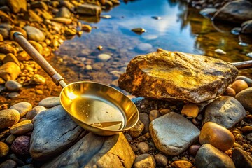 Shovel and gold pan resting on a rocky surface, symbolizing the pursuit of gold and treasure hunting