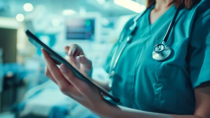 Close up of a female doctor or nurse using a digital tablet in a hospital