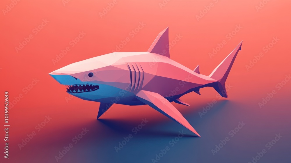 Poster Low poly 3D model of a shark, rendered with a red and blue color scheme against a solid background.