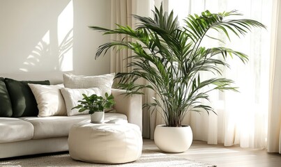 A large potted palm tree stands in a living room with a white sofa, ottoman and throw pillows.