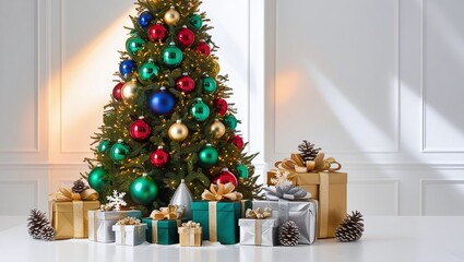 A festive fir tree decorated with ornaments and presents stands tall in a cozy home, ready for the joyous celebration of Christmas