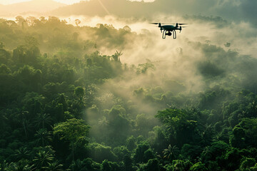 Fototapeta premium Drone flying in the sky over nature during observation