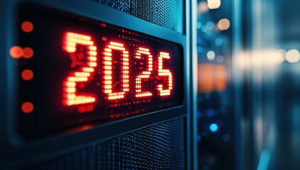  Data Center Clock Displaying 2025, Red LED Numbers on Server Rack, Blurred Blue Background with Light and Shadow Effects