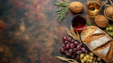 top view flat lay grapes, Bread, wine, and other offerings for the saints with copy space for all saints' day background banner.
