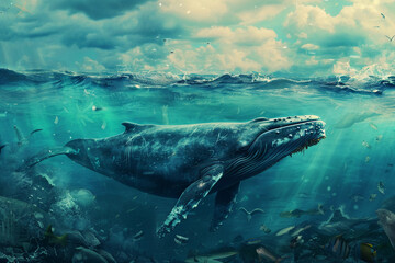 Naklejka premium Fantastically beautiful majestic huge whale in ocean