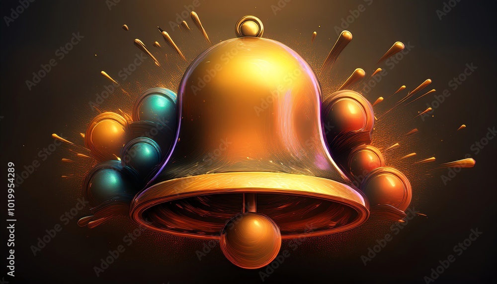 Poster a vibrant, 3d rendering of a bell surrounded by colorful orbs and dynamic splashes of color, creatin