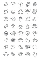Kawaii autumn icon set. Collection of cute hand drawn monochrome illustrations of autumn food, falling leaves, animals and festive decorations isolated on a white background. Vector 10 EPS.