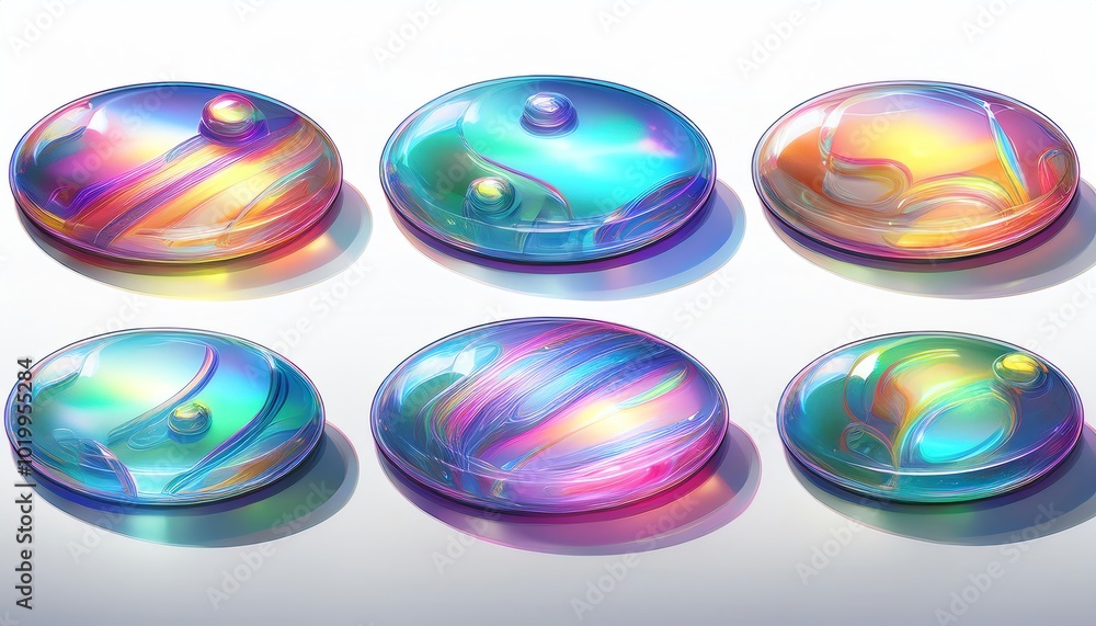 Poster a vibrant display of six iridescent oval shapes showcasing a blend of colors and reflections, creati