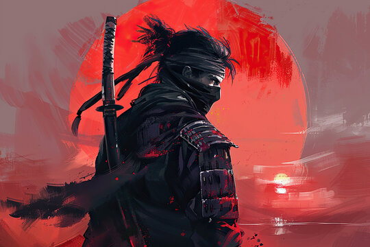 Japanese ninja warrior dressed in samurai clothes holding a sharp sword