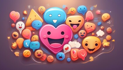 Fototapeta premium Colorful cartoon emojis and shapes with smiling faces, hearts, and playful expressions create a cheerful, vibrant composition.