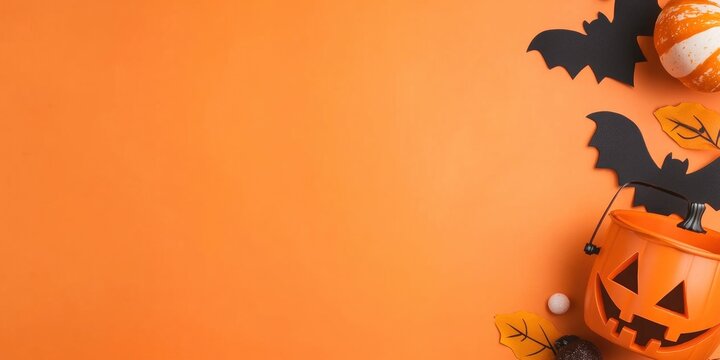 Halloween party concept with spooky elements, candy, and a pumpkin bucket on an orange background.