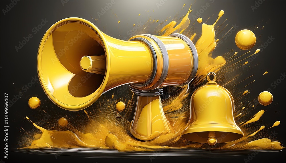 Poster a vibrant yellow megaphone and bell surrounded by splashes of paint, creating a dynamic and energeti