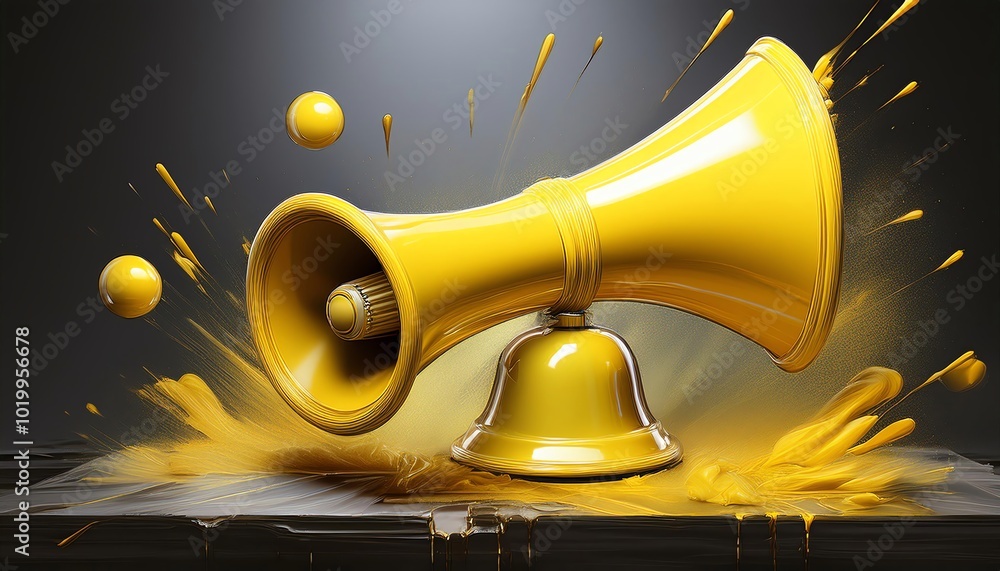 Poster a vibrant yellow megaphone splashes paint, creating a dynamic visual with energetic motion and splat