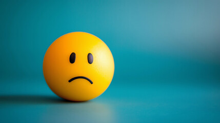 Fototapeta premium Sad face emoji ball on blue background with copy space. Sadness, emotions and melancholy concept.