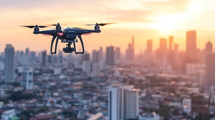 Drone flying over a cityscape at sunset with buildings and streets below, capturing an aerial view of urban life and infrastructure.