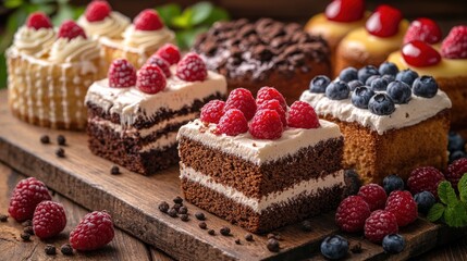A variety of delicious cakes and desserts garnished with berries.