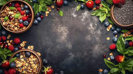 A beautifully arranged overhead shot of fresh berries, granola, and greenery on a rustic dark background, perfect for healthy eating and recipe themes.
