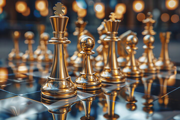 Beautiful chess piece standing on checkered game board during strategic game of chess