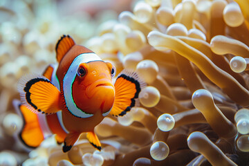 A fantastically beautiful bright clownfish swims in sea among the corals