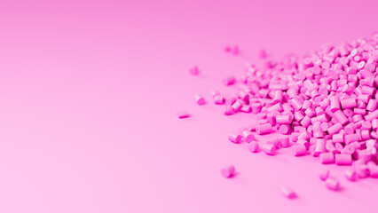 Closeup side view on pink plastic polypropylene granules heap on pink backdrop with shallow DOF, masterbatch polymer grain pile. HDPE or PVC resin pellets. 3d render illustration