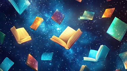 Books Floating Through A Cosmic Starry Night Sky