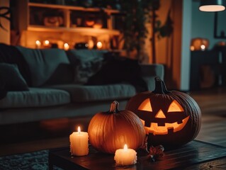 Dark living room with Halloween pumpkins and lit candles